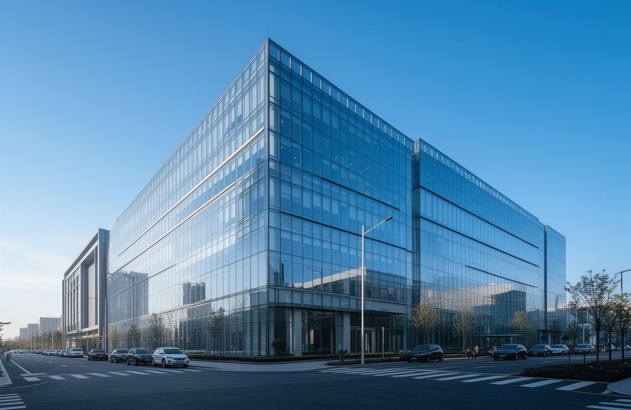 Modern corporate glass building reflecting the sky