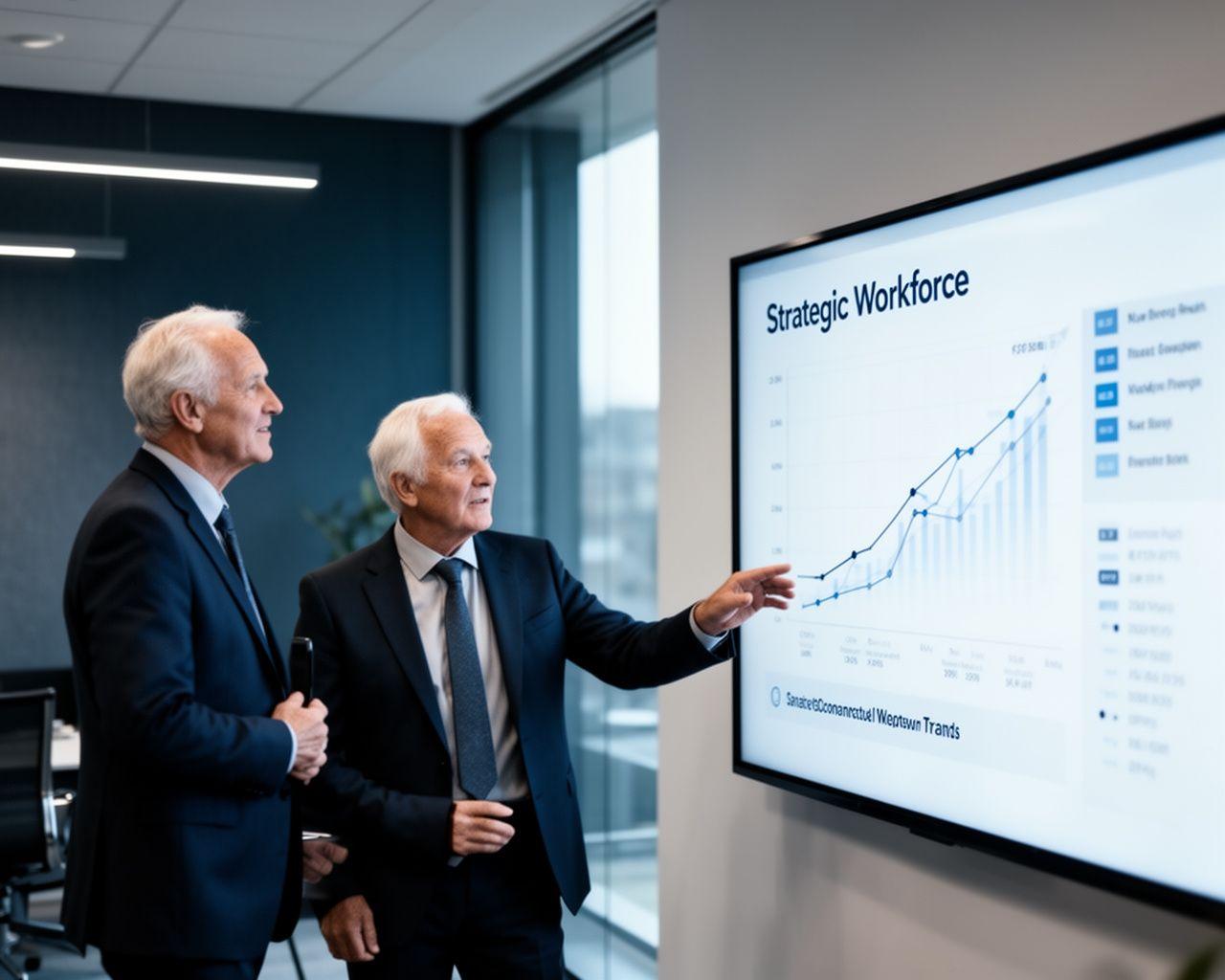 Senior advisors discussing workforce strategy in a professional office setting